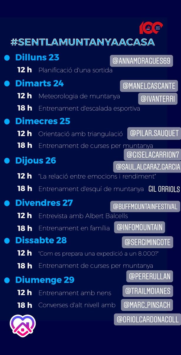 🗓 Aquí teniu les sessions d'questa setmana de #Sentlamuntanyaacasa

Reserveu-vos les 12h i les 18h per rebre la muntanya a casa amb els millors professionals! 🏔

📲 Segueix-nos als directes d'instagram

#joemquedoacasa #joactuo

➡️ bit.ly/39VVDPc