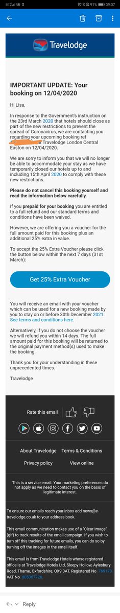 LeatherlandLisa's tweet photo. @TravelodgeUK this is what you call decent customer services. Have a word with yourselves @Eurostar - I didn't even need to contact Travelodge - they are offering a refund or a voucher for credit with and extra 25 percent off booking! Well done @TravelodgeUK https://t.co/GUdifvOyOH