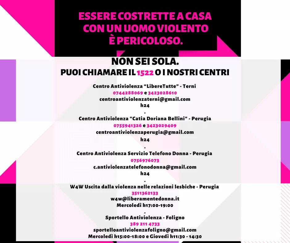 #noicisiamo #EMERGENZACOVID19 #laviolenzanonsiferma 
Non possiamo vederci di persona? 
Puoi contattarci tramite telefono, puoi scriverci una mail o un messaggio.
#nonseisola. <a href="/TerniDonne/">Terni Donne</a> <a href="/NudmPg/">NonUnaDiMeno Perugia</a> @direlaviolenza @omphalospg <a href="/CasaIntDonne_Rm/">Casa Intern Donne Roma</a>