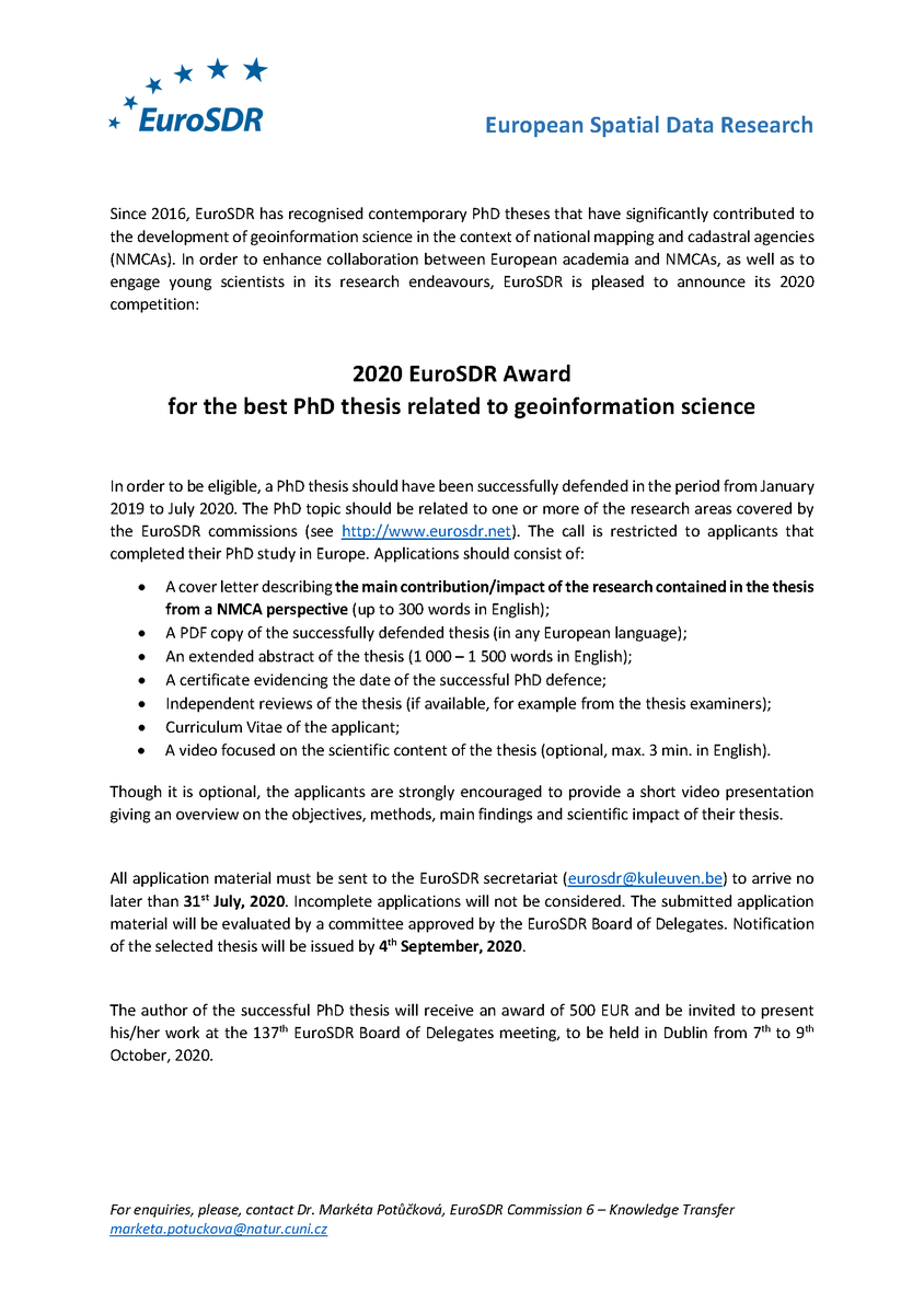 EuroSDR's tweet photo. Did you write a #PhD #thesis related to #geoinformation #science? Apply now for the 2020 EuroSDR #Award! 👩‍🎓👨‍🎓(deadline: 31st July) More information at https://t.co/qzhVsiNf3X https://t.co/R5lPxEgjwm