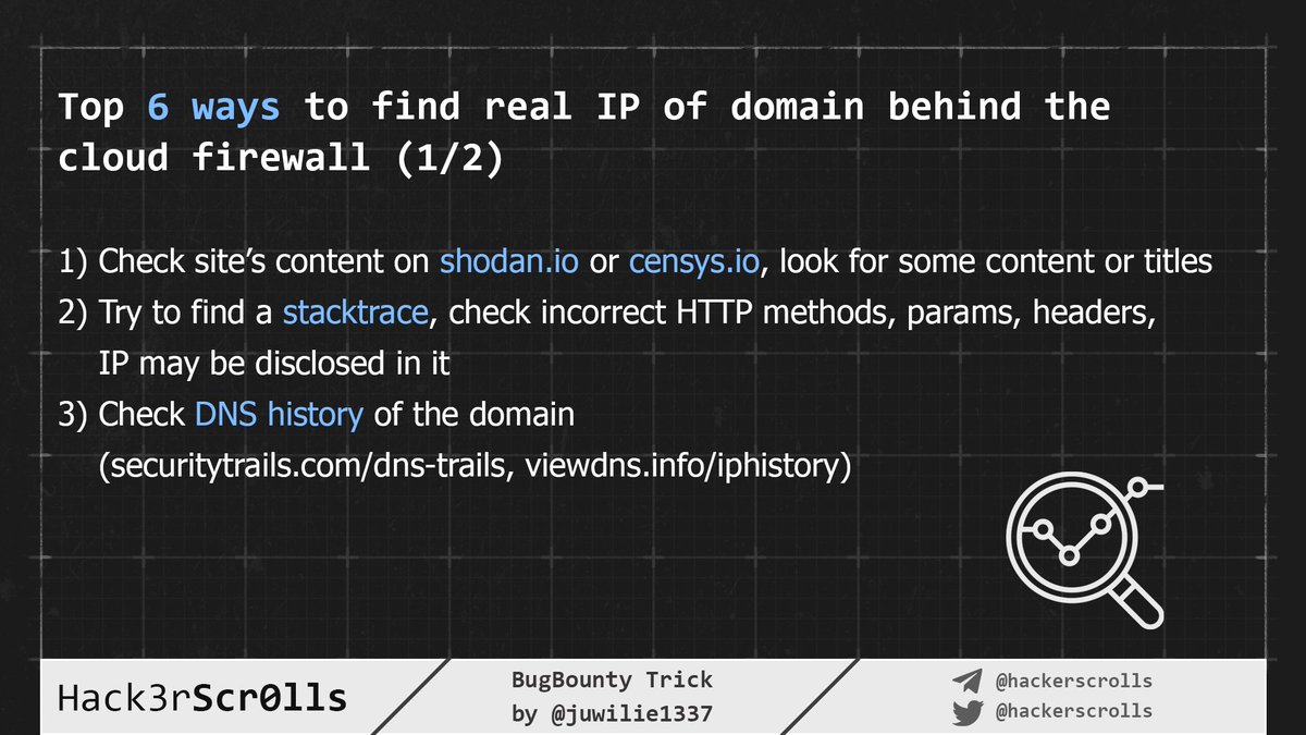 How to disclose real IP behind cloudflare? 
Trick by <a href="/juwilie1337/">juwilie</a> (1/2)

Links in pic:
securitytrails.com/dns-trails
viewdns.info/iphistory

#BugBountyTip #OSINT #Pentest