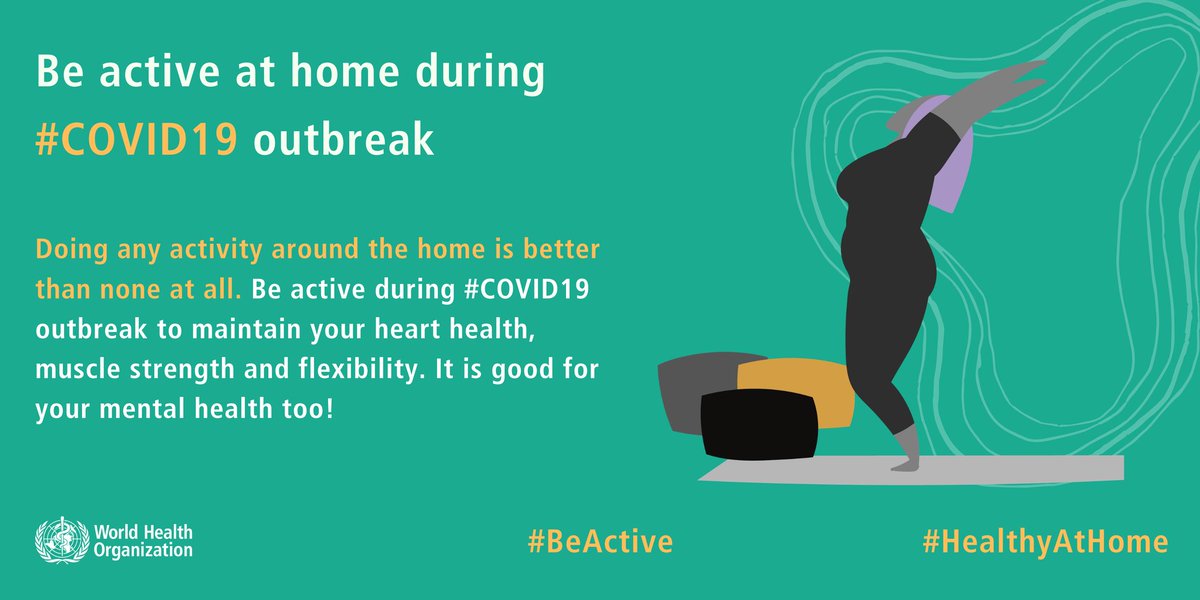 Doing any activity around the home is better than none at all. Be active during #COVID19 outbreak to maintain your heart health, muscle strength and flexibility. It is good for your mental health too! 💪💪💪 #coronavirus