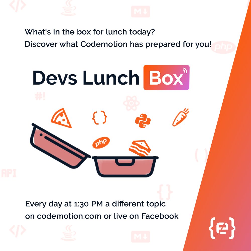 Yesterday during our brand new #DevsLunchBox we listened to <a href="/raibaz/">Raibaz</a> talking about code review. Today at 1.30 PM he will be with us again! Curious about his talk? See you on codemotion.com or Facebook streaming 💪