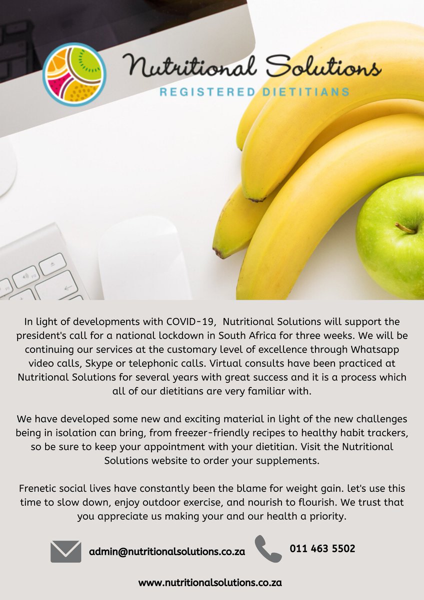 ✅ Great news! Nutritional Solutions are going virtual for the national lock down. Book your virtual consultation with our dietitians via Skype, Whats App and Zoom: admin@nutritionalsolutions.co.za/ 011 463 5503 #nutritionalsolutions #SouthAfricaLockdown