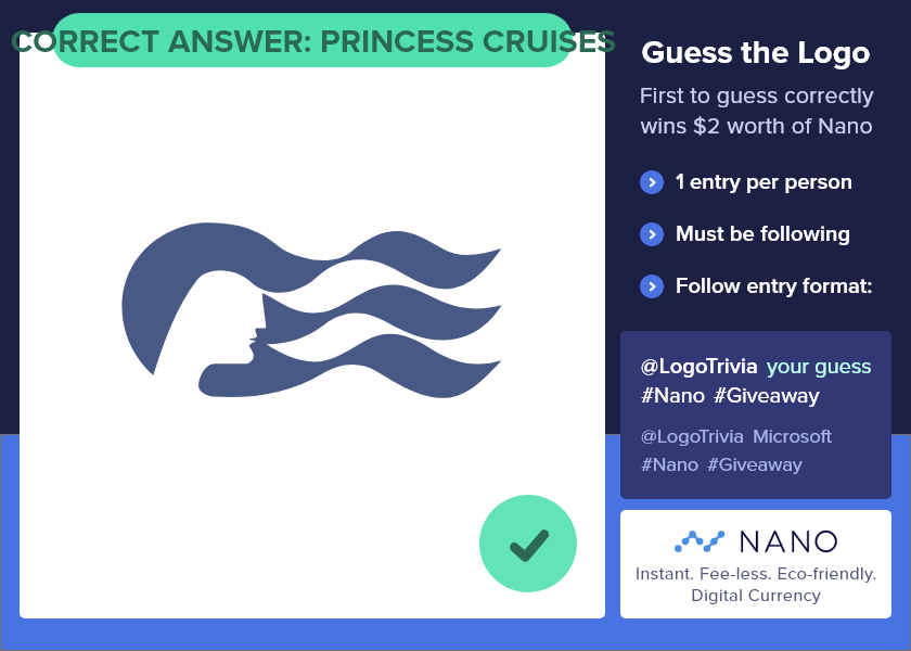 LogoTrivia's tweet photo. @thatmathguyy Winner, Winner! Correct answer was: Princess Cruises. @NanoTipBot !tip $2 @thatmathguyy https://t.co/Bm97ZZ2dS0