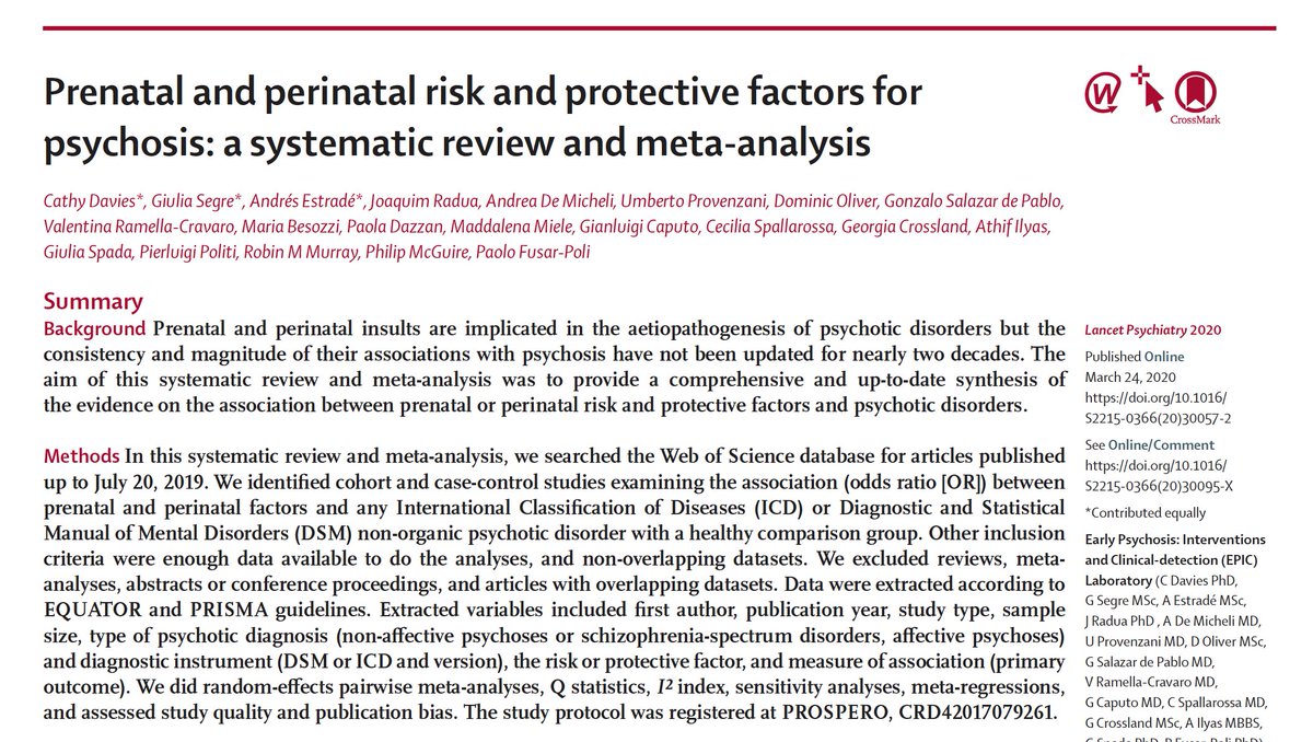cathy__davies's tweet photo. Our new @TheLancetPsych meta-analysis examines prenatal and perinatal risk and protective factors for psychosis - from 152 studies we found 30 significant risk factors and 5 protective factors 🔍 w/ Fusar-Poli &amp; colleagues @KingsIoPPN @NIHRMaudsleyBRC https://t.co/yMWwgtkbtC https://t.co/G9YP75NBAf