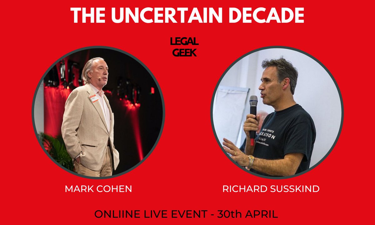 Legal Geek (@wearelegalgeek) on Twitter photo At the dawn of a new decade, we face unprecedented challenges. To help you adapt to the new landscape we are bringing together <a href="/richardsusskind/">Richard Susskind</a> and <a href="/legalmosaic/">Mark A Cohen</a> in debate through a series of four online events. Learn more and signup: legalgeek.co/uncertain-deca… #LegalGeek #LegalTech At the dawn of a new decade, we face unprecedented challenges. To help you adapt to the new landscape we are bringing together <a href="/richardsusskind/">Richard Susskind</a> and <a href="/legalmosaic/">Mark A Cohen</a> in debate through a series of four online events. Learn more and signup: legalgeek.co/uncertain-deca… #LegalGeek #LegalTech