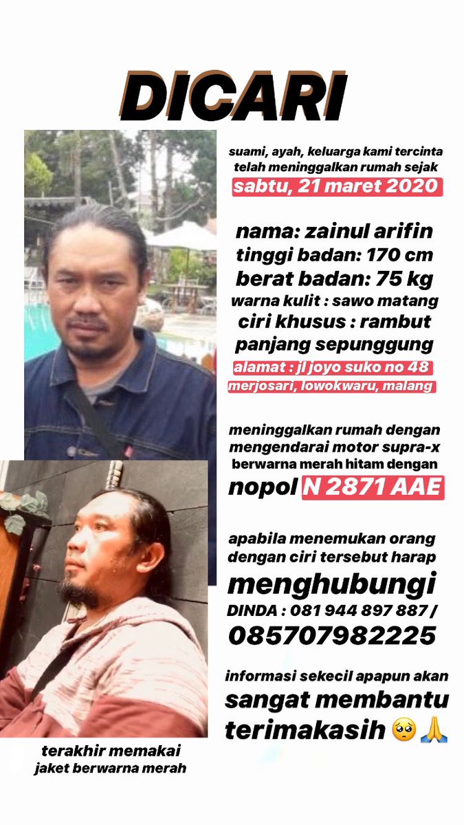 [Teman-teman mohon bantuannya]

Ayah saya telah pergi meninggalkan rumah sejak sabtu, 21 maret 2020 dan belum kembali hingga saat ini

<a href="/infomalang/">Info Malang</a> <a href="/infobatu/">infobatu</a> <a href="/malangnews/">Malang News</a>