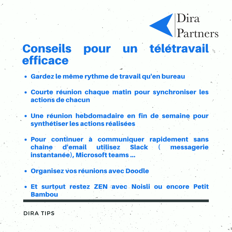 DiraPartners's tweet photo. #DiraTips | Des conseils pour vous aider à maintenir un travail d'équipe efficace même à distance. Et si les sorties entre collègues ou amis (ies) vous manquent, on peut se faire un apéro Skype de temps en temps. Bon courage à toutes et à tous ! https://t.co/UnJf3Q8UMY