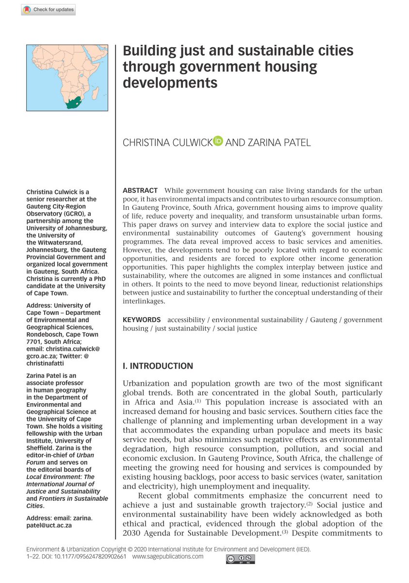Excited to see our paper out in <a href="/EandUjournal/">Environment & Urbanization</a> - the first set of results from my PhD. Explores the challenge of balancing #EnvironmentalSustainability and #SocialJustice justice in government housing developments in Gauteng
journals.sagepub.com/doi/full/10.11… 
#QualityOfLifeSurvey #GCROQoL18