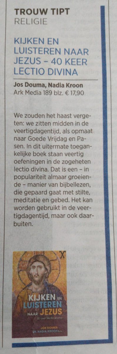 JosDouma's tweet image. Kijk, dat is mooi! Trouw schrijft: 'In dit uitermate toegankelijke boek...' 'Een in populariteit almaar groeiende manier van bijbellezen....'
#40dagentijd #lectiodivina 
@RoyalJongbloed @ContemplatioNL