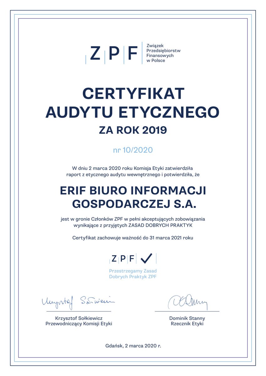 #ERIF z Certyfikatem Etycznym <a href="/ZPF_PL/">Związek Przedsiębiorstw Finansowych</a>, będącym potwierdzeniem zgodności naszych praktyk biznesowych z Zasadami Dobrych Praktyk Związku Przedsiębiorstw Finansowych w Polsce.

#teamERIF #KomisjaEtyki #CertyfikatEtyczny #ZPF