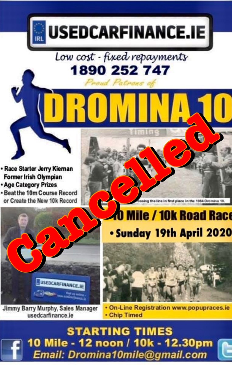 Dromina10 is cancelled this year. 
 
If pre-registered, your entry defaults to our 2021 event in Apr, alternatively a full refund can be facilitated 30/4/2020. To avail, email info@popupraces.ie otherwise we will assume you are happy to carry your entry over to 2021. 

Thanks