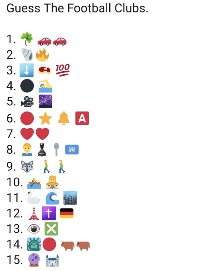 CNSPE on X: CNS CHALLENGE: Football Club Emoji Guess Who 🕵🏼‍♂️ ⚽️ Can  you name all these football clubs? 😬 Who can guess them all correctly  first!  / X