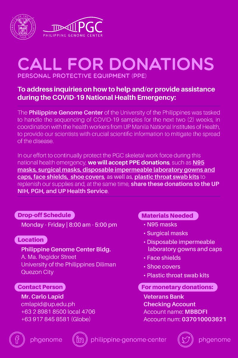 Call for Donations: Personal Protective Equipment for <a href="/phgenome/">Philippine Genome Center</a> Center

Full details: up.edu.ph/philippine-gen…