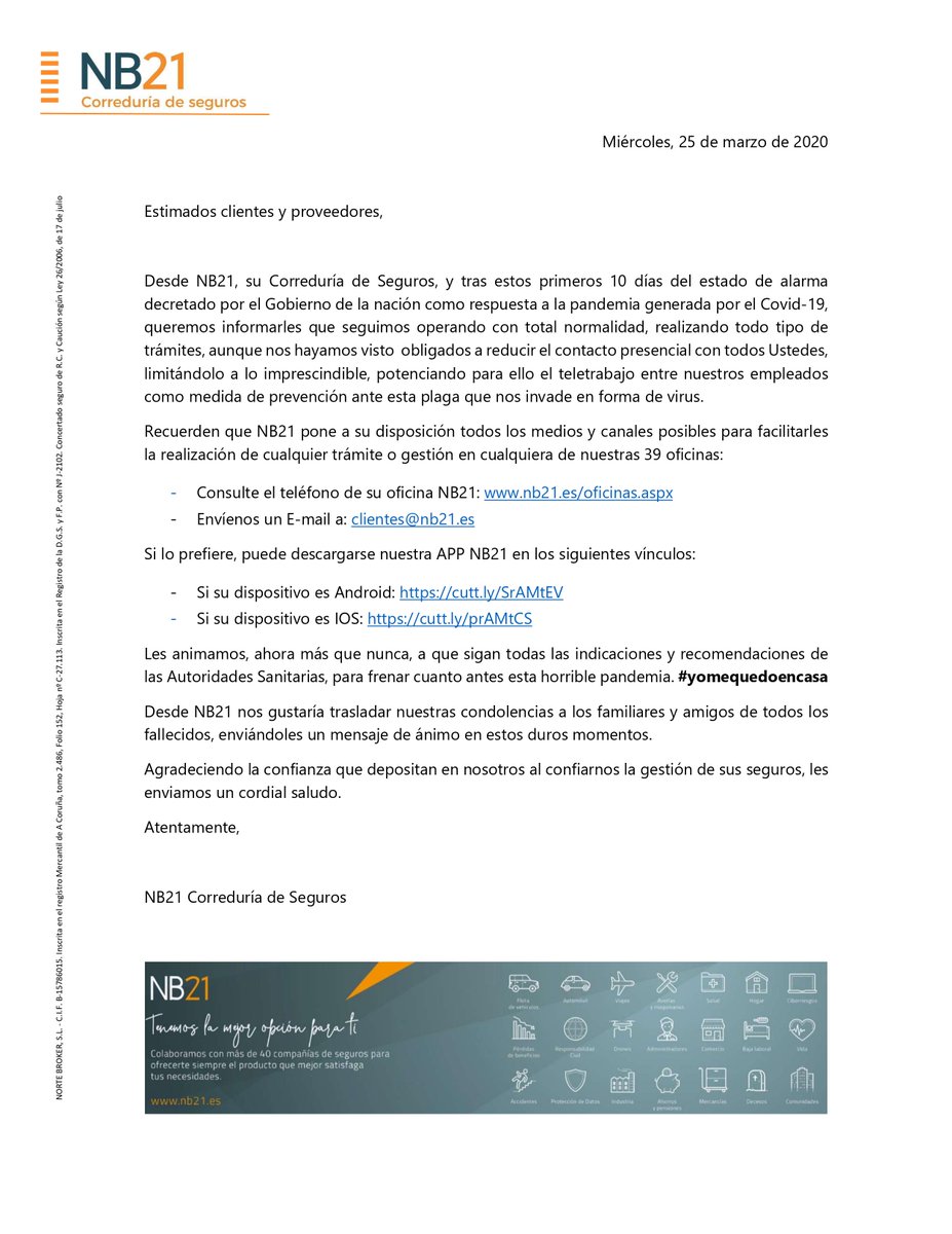 NB21correduria's tweet image. Os recordamos que a pesar de la situación que estamos viviendo, en NB21 estamos operativos al 💯❌💯 eso sí, de forma telemática 🤳🏽 📱💻📞 Si necesitas contactar con nosotros no lo dudes, estamos para ayudarte #NB21 #paratiparatodo #quedateencasa #coronavirus