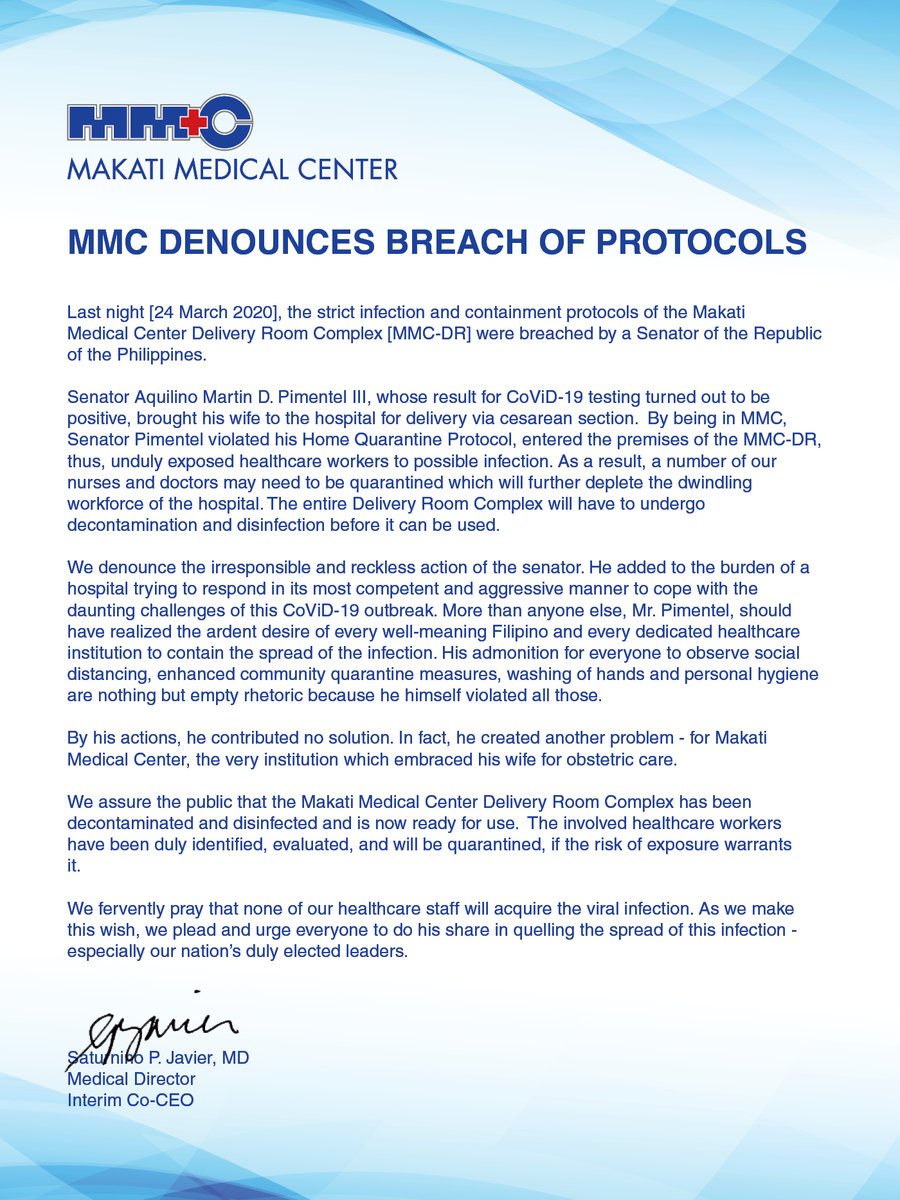 Makati Medical Center scores Sen. Koko Pimentel for his “irresponsible and reckless action” when he went to the hospital March 24 in violation of his home quarantine protocol and “unduly exposed healthcare workers to possible infection.” | via <a href="/IamMakatiMed/">Makati Medical Center</a>