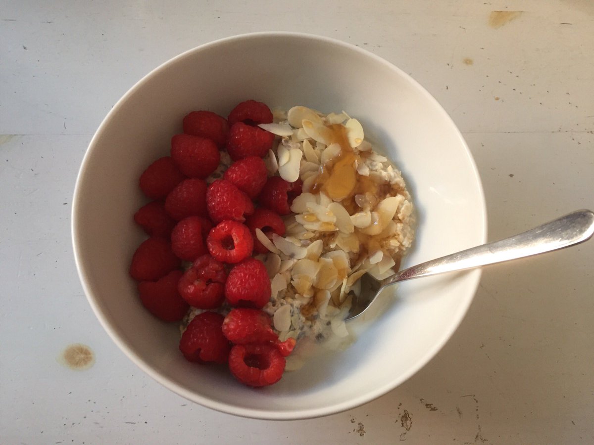 Day 8: overnight oats with chia seeds, flaked almonds, honey and raspberries