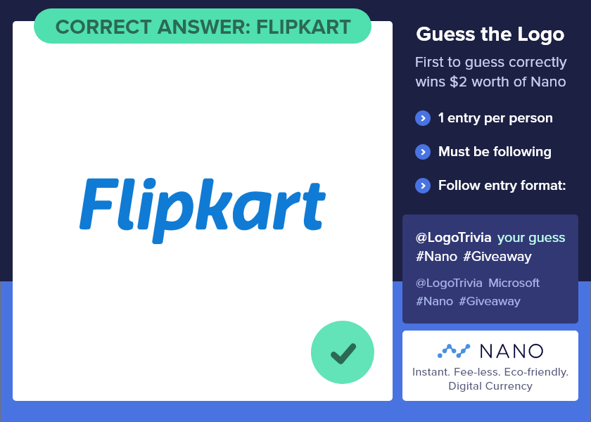 LogoTrivia's tweet photo. @raiblocksCong Winner, Winner! Correct answer was: Flipkart. @NanoTipBot !tip $2 @raiblocksCong https://t.co/4dJVfVLsbd
