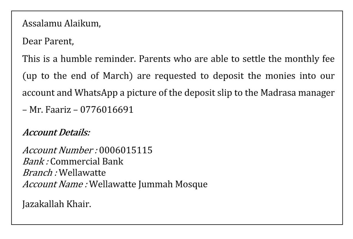 WJMadrasa's tweet photo. Assalamu Alaikum. Click the link to view an important notice regarding the Madrasa monthly Fees. Jazakallah https://t.co/1DWQ0V2FLT