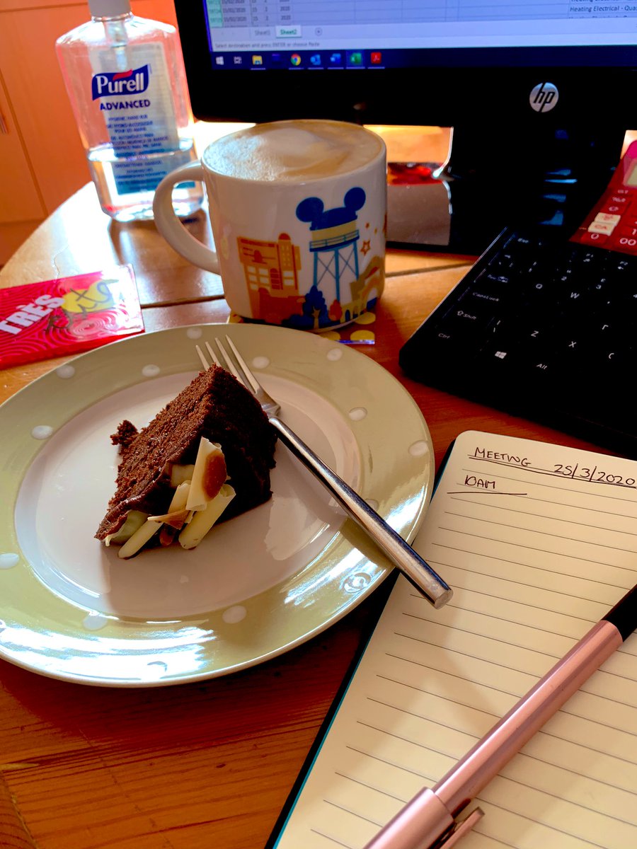 CalamityKez's tweet photo. Day 7 - The Accounts Team meeting over Skype this morning was brought to you by @NespressoUK and a nice bit of Choc Fudge Cake 🤤
#ShieldedIsolation #Skype #Accounting #CoronavirusLockdown #StayAtHomeSaveLives #WorkFromHomeLife #Nespresso https://t.co/Muny1CrELY