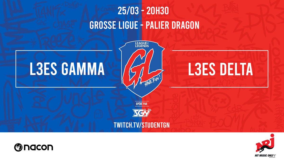 🏆 GROSSE LIGUE Week 3 🏆

3ème et avant dernière soirée avant les phases finales régionales 👊

On se rend en région Auvergne/Rhône-Alpes pour une confrontation fratricide entre les équipes Gamma et Delta de @Lyon3_eSport 🤜🤛

RDV ce soir 20h30 sur twitch.tv/studentgn 📺