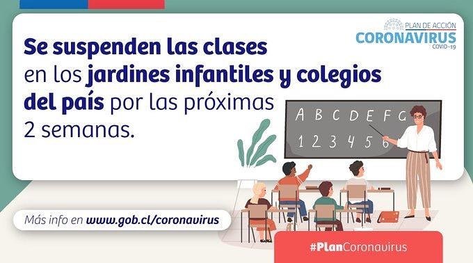 ATENCIÓN!!! Se informa a toda la comunidad que Mineduc a resuelto:
* SUSPENSIÓN DE CLASES POR LAS PRÓXIMAS DOS SEMANAS A CONTAR DEL 30 DE MARZO.
* SE ADELANTAN LAS VACACIONES DE INVIERNO LAS QUE COMPRENDEN DESDE EL LUNES 13 DE ABRIL HASTA EL 24 DE ABRIL.