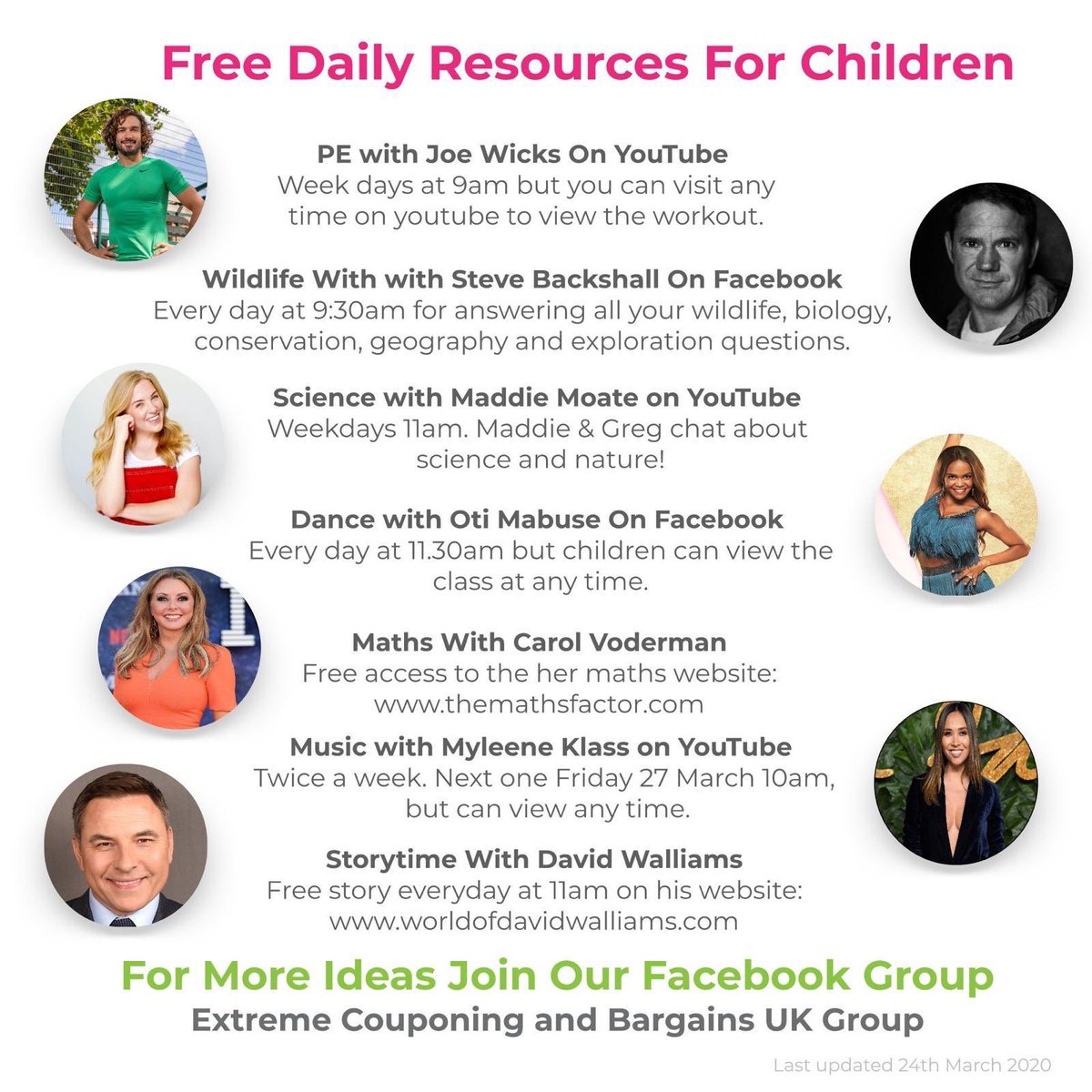 We really like these free daily resources for children ✅ 
#pewithjoe @thebodycoach @carolvorders maths #music @myleeneklass #storytime @dwalliams #science @maddiemoate #dance @otimabuse #wildlife @SteveBackshall #frithmanor #youtube #geography #themathsfactor #nature #workout ✅