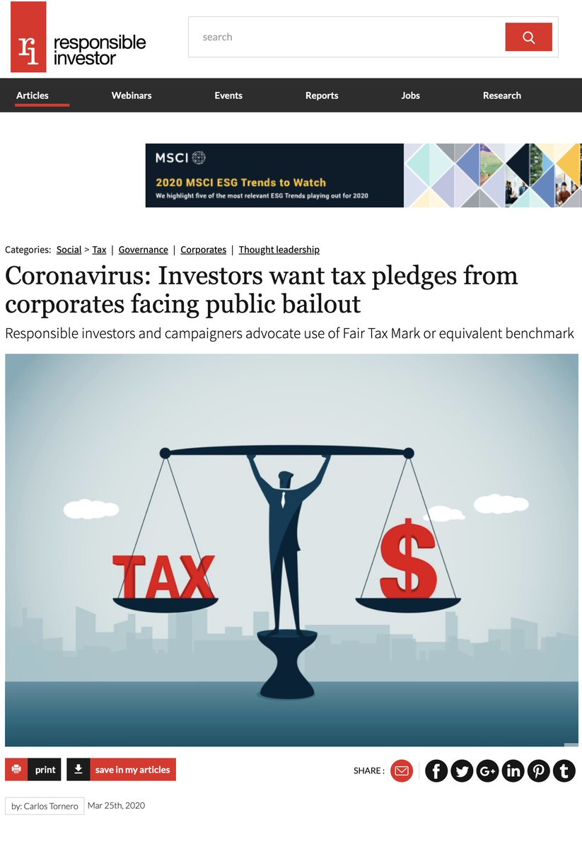 If tax money rescues companies, (responsible)investors should scrutinise tax avoidance (&amp; exec pay &amp; dividends &amp; buybacks...) read <a href="/RI_News_Alert/">Responsible Investor</a> here responsible-investor.com/articles/coron…