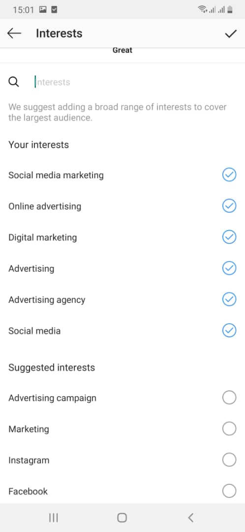 TIP 30: Again... people are inactive So the more interests you input is the more 'ACTIVE' people you can reach out to.You can view my targeting variables...TIP 31: After you are done entering the interests...SAVE IT by clicking done, so you don't have to start all over..