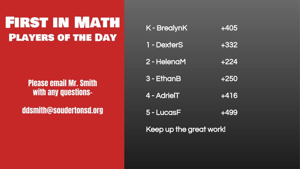 First in Math Players of the Day!  Some new names today! <a href="/SASD_WestBroad/">WBS Elementary</a>