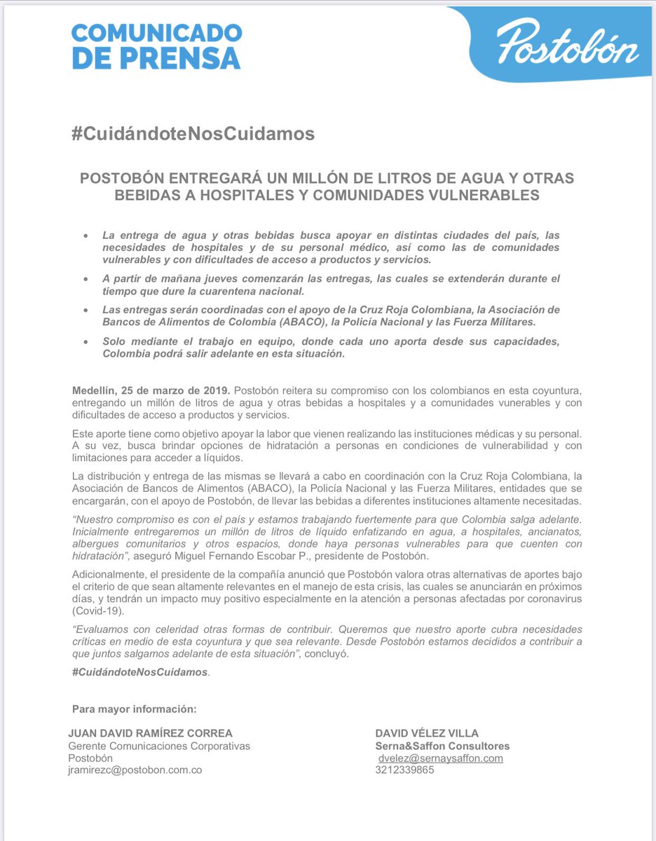 UrbitColombia's tweet image. .@postobonoficial entregará un millón de litros en bebidas a hospitales y comunidades vulnerables 👏 #VivirEnCuarentenaEs #PorMiSaludMentalYo #MeComprometoA #QuedateEnTuCasa