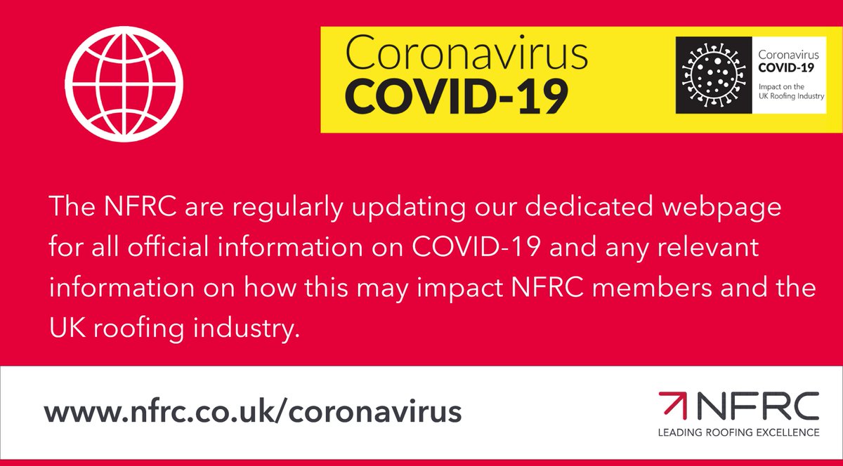 TheNFRC's tweet image. The NFRC are regularly updating our dedicated webpage for all official information on COVID-19 and any relevant information on how this may impact NFRC members and the UK roofing industry. 

nfrc.co.uk/coronavirus