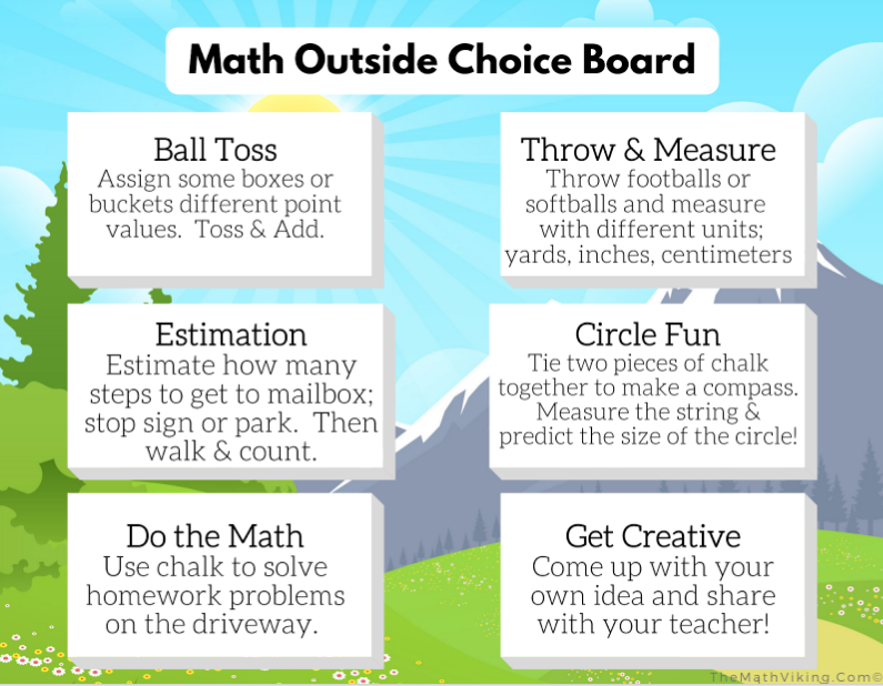 TheMathViking's tweet photo. Here are some editable Choice Boards for MATH OUTSIDE and MATH AROUND THE HOUSE! https://t.co/o8RfBc9JZB  
<3 to see your ideas!!   
@NCTM  @drMi @MTPSpride @TracyZager  @JSchwartz10a @joboaler @seibertd94 @val_dematteo @gfletchy @BuildMathMinds @SteveWyborney https://t.co/bYN8v9DN1A