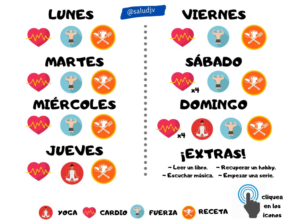 saludJV's tweet photo. 🗓🧘🏽‍♂🏋🏽‍♂ Planning de ejercicios para lo que nos queda de cuarentena.

Link de descarga: https://t.co/zSO6ssEcNi

👨🏼‍🍳⚖📏 Además el planning trae enlaces a recetas saludables, y una tabla para que puedas ir anotando tu evolución.

👆🏼 Cliquea sobre los iconos. https://t.co/o0MxaOb6yD