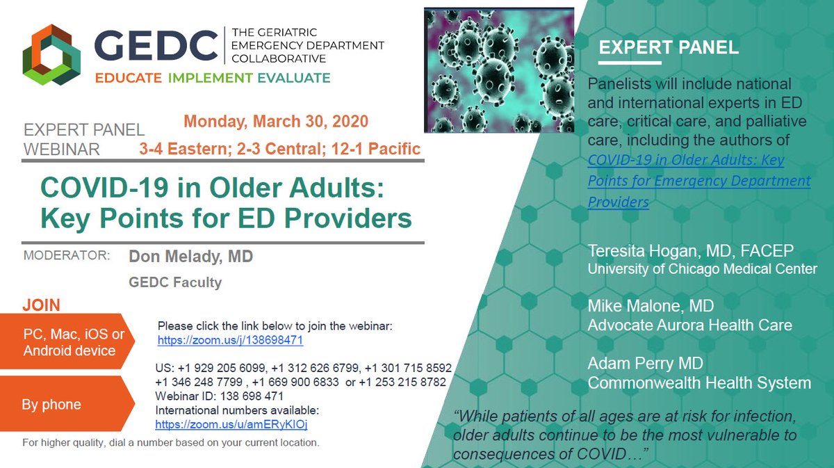 #COVID19 can be fatal for all ages but mortality is higher in #GeriED older adults. On Monday March 30 at 2PM #GEDC will host a webinar at zoom.us/j/138698471 reviewing unique considerations for this population. If you cannot join, video archived at gedcollaborative.com/event/webinar-…