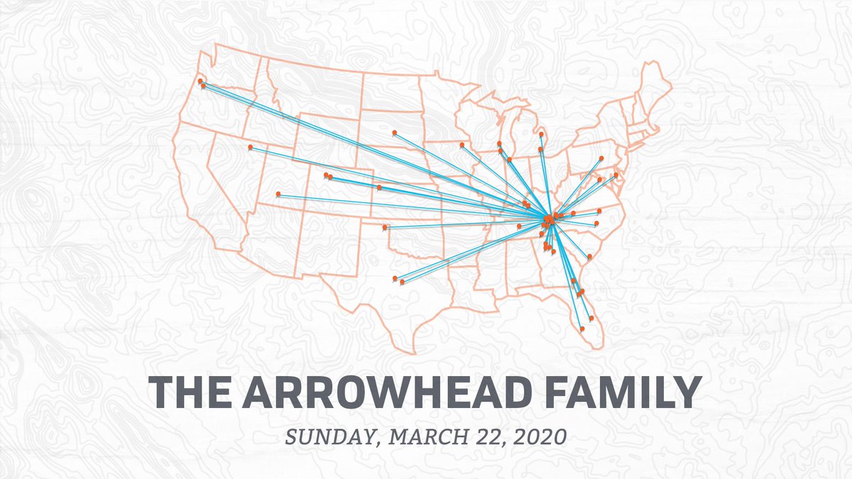 arrowheadmtown's tweet photo. While we can't worship in one room right now, our church family gathered in a thousand living rooms across the entire country this Sunday morning. We've seen a lot of scary maps over the last few weeks, but this one warms our hearts. #ChurchOutThere https://t.co/DXhUMhPOE4