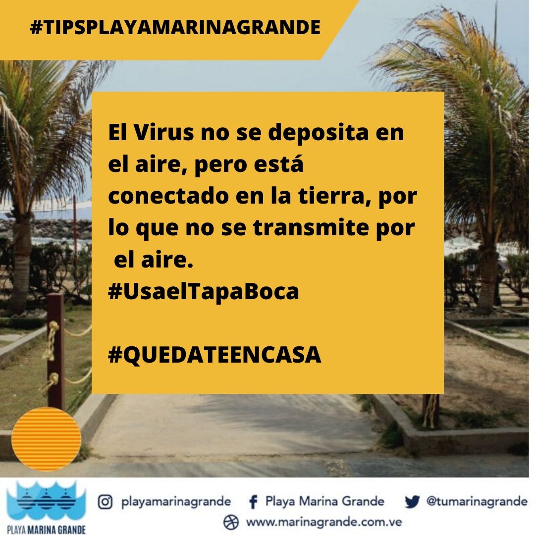 #TipsPlayaMarinaGrande
El Virus no se deposita en el aire, pero está conectado en la tierra, por lo que no se transmite por el aire.
-
#QUEDATEENCASA
-
#PlayaMarinaGrande #Vargas #Playa #Familia #Coronavirus #Prevención #UsaelTapaBoca #Paseo