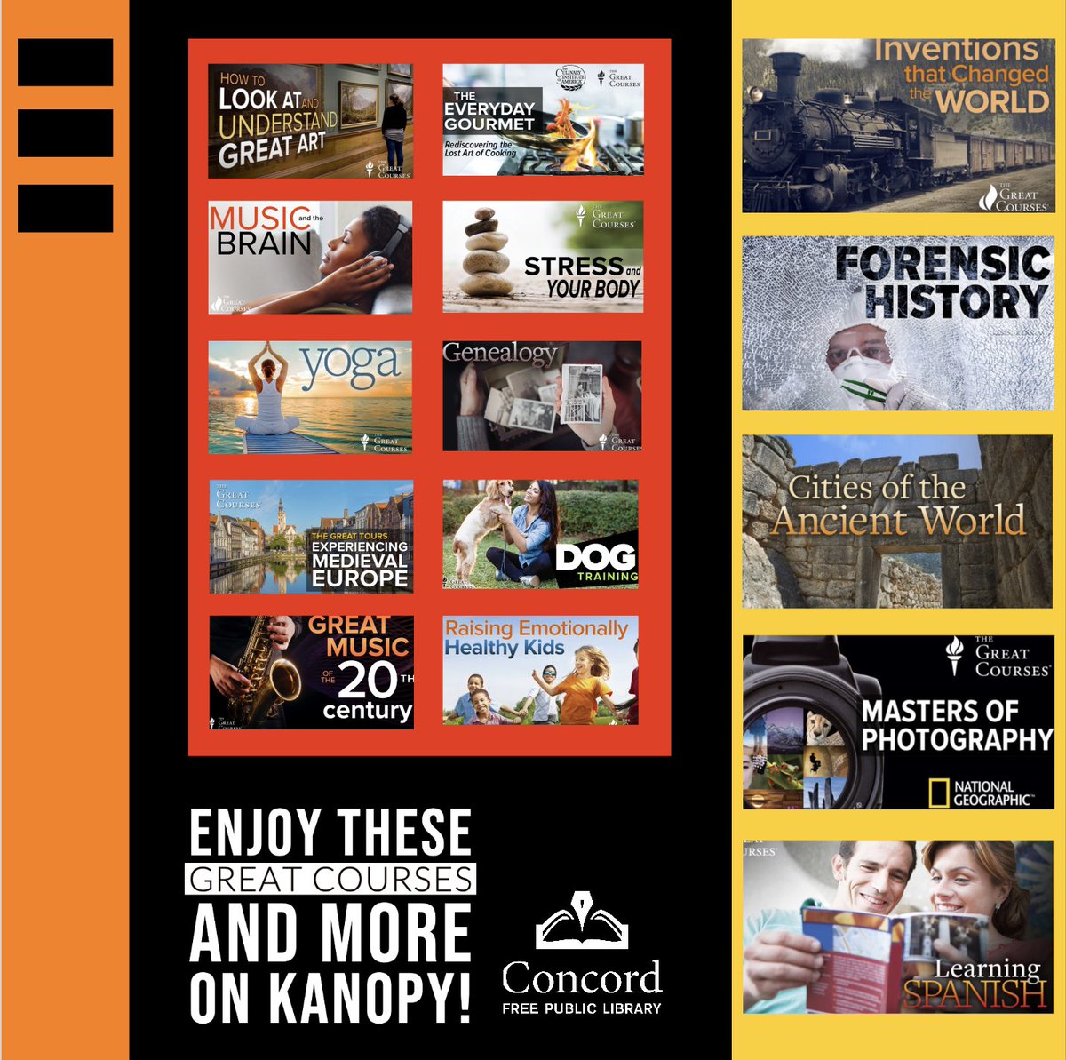 ConcordLibrary's tweet photo. Concord residents, did you know you have unlimited access to streaming over 6,000 Great Courses videos through @Kanopy? If you have not already set up your Kanopy account, visit our website for more info here: https://t.co/8r0PCmwbud @TownofConcordMA #ConcordMA #WhereIdeasDevelop https://t.co/9aJJ2CYCb5