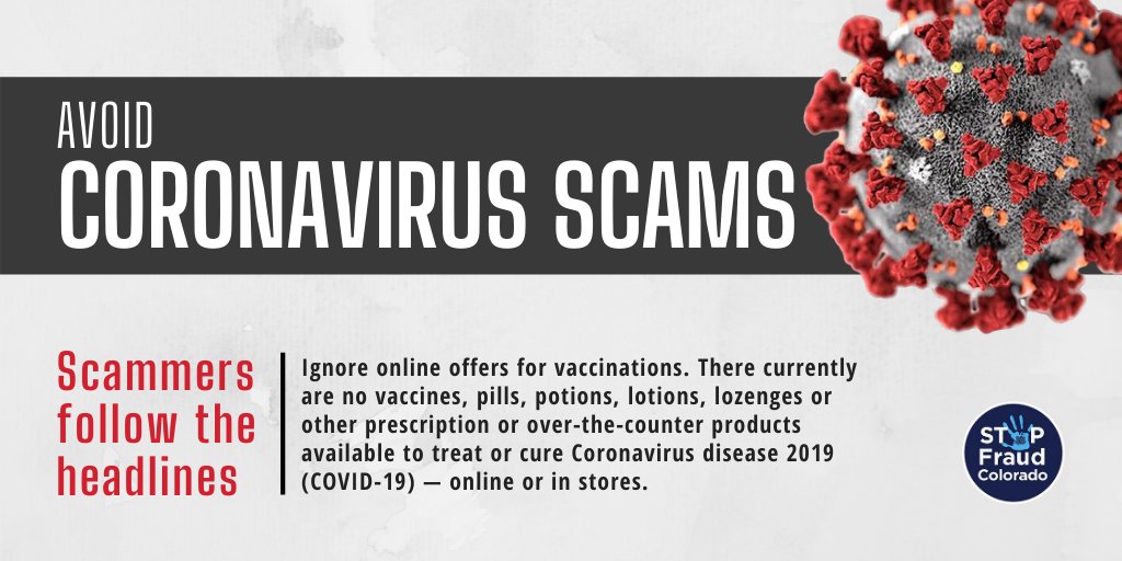 StopFraudCo's tweet photo. If you notice any scams, fraud, price gouging, or other attempts to take advantage of Coloradans during this public health emergency, contact Stop Fraud Colorado at 800-222-4444 or https://t.co/9lEE30Qa4s #coronavirus #coronaviruspandemic #COVID19colorado https://t.co/QIHUt7QglB