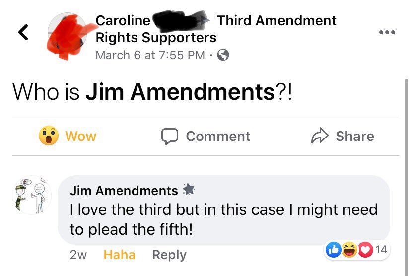 MNateShyamalan's tweet photo. got added to a meme group called “Third Amendment Rights Supporters.” it has 300 members, but nearly every post is by a user known only as Jim Amendments. he is under constant attack by other posters, who demand his identity and challenge his title. fight on, Jim Amendments. https://t.co/DiYVJC9mJK