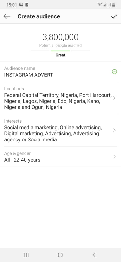 Awesome....Now we are done with targeting via Instagram...Here is our total result...DON'T FORGET TO REVIEW AND SAVE (CLICK DONE).And now to the next step... STEP 7: BUDGET AND DURATION