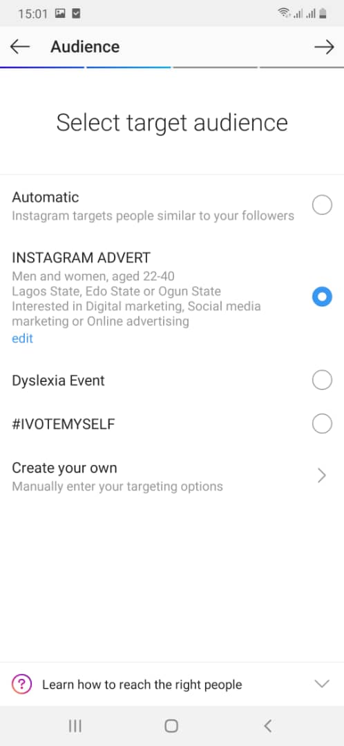 Awesome....Now we are done with targeting via Instagram...Here is our total result...DON'T FORGET TO REVIEW AND SAVE (CLICK DONE).And now to the next step... STEP 7: BUDGET AND DURATION