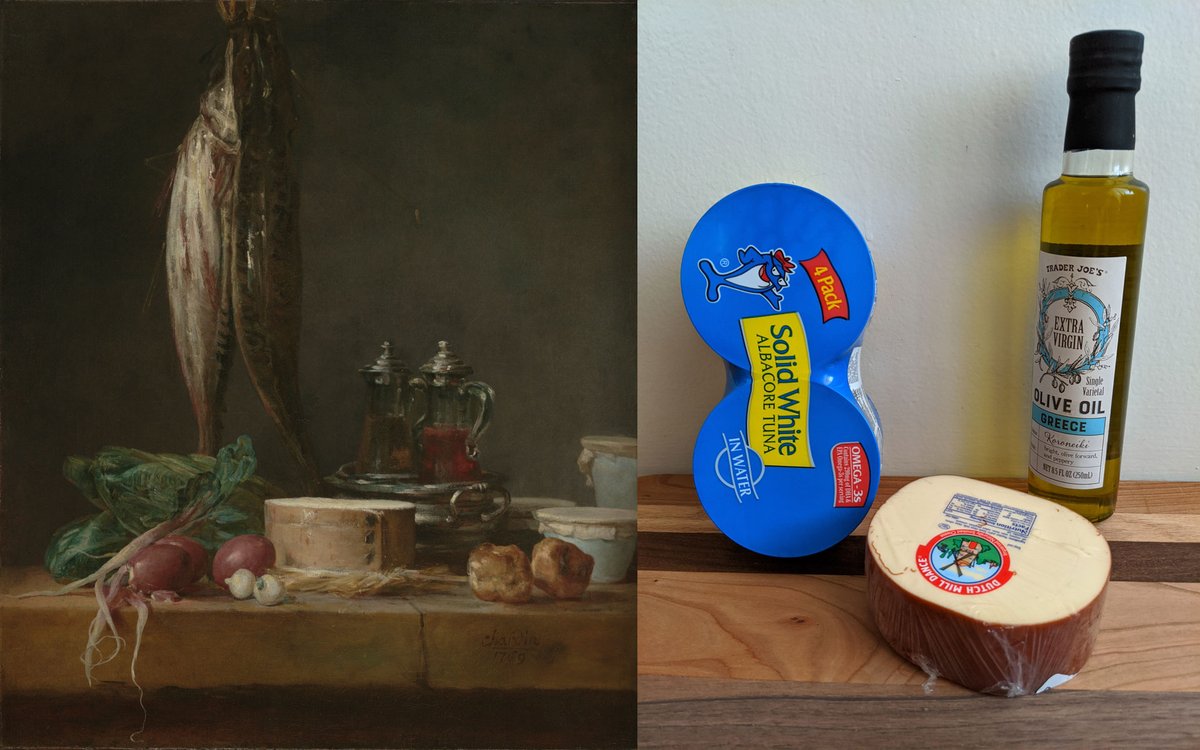 The three food groups: canned tuna, cheese, and olive oil. https://www.getty.edu/art/collection/objects/201125/jean-simeon-chardin-still-life-with-fish-vegetables-gougeres-pots-and-cruets-on-a-table-french-1769/?dz=0.5000,0.5000,0.59