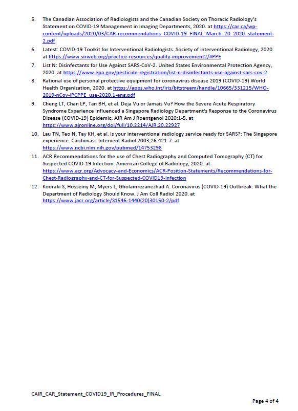 The Canadian Association for Interventional Radiology (CAIR) and Canadian Association of Radiologists (CAR) Guidelines for Interventional Radiology Procedures for the Patients with Suspected or Confirmed COVID-19
