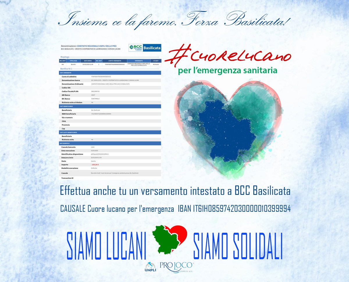 unplibasilicata's tweet photo. #Insiemecelafaremo #ForzaBasilicata 😍
#cuorelucano ❤ per l' Emergenza
Effettua un versamento anche tu intestato a:
BCC Basilicata
Causale
Cuore lucano per l'emergenza sanitaria
IBAN IT61H0859742030000010399994
#Siamolucani #siamosolidali
#proloco #unpli #basilicata https://t.co/UGGlVYU4yj