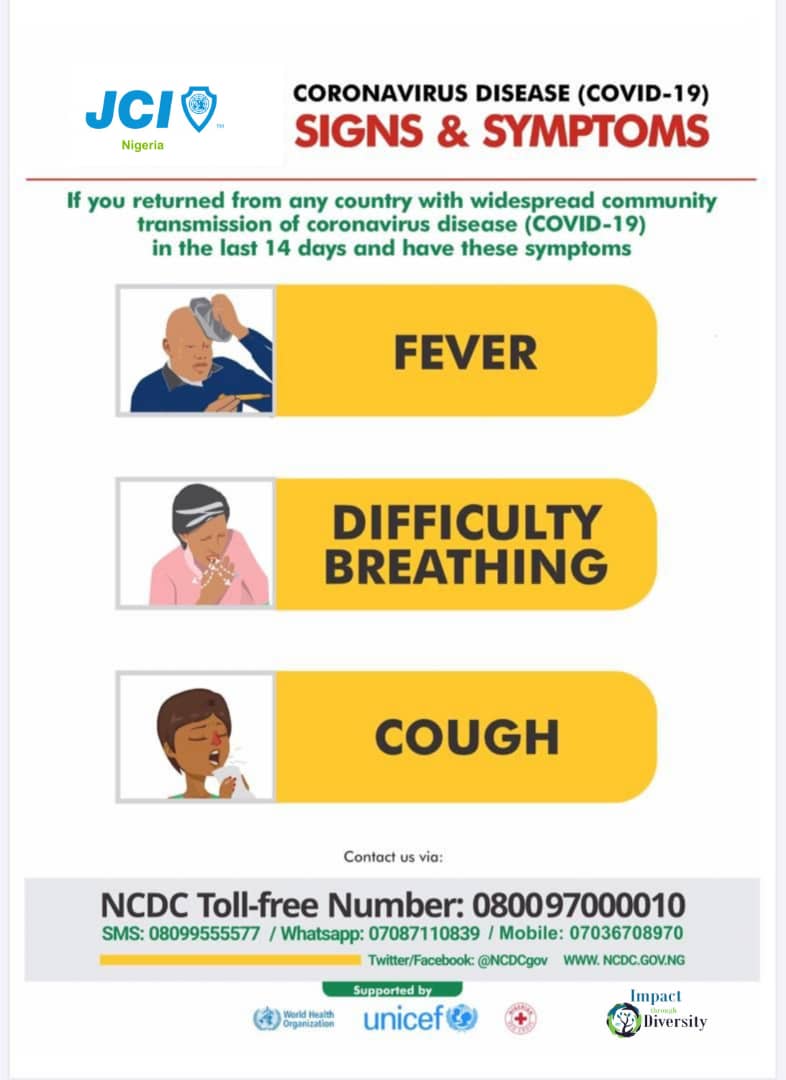 jci_nigeria's tweet photo. We are so glad to have you back in Nigeria; either back home from a trip or in Nigeria on a business trip.

We are simply asking you to isolate yourself for 14 days from the public in order to stem the spread of #COVID19 for the sole purpose of public health and safety. @NCDCgov https://t.co/nrZPIhxQuL