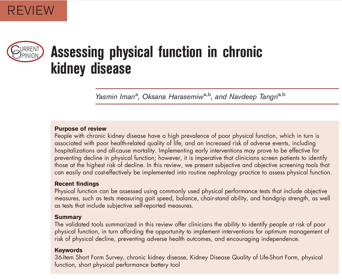 Newly published in @CO_Neph_Hype: Our review article of objective and subjective measures for assessing #PhysicalFunction in nephrology outpatient settings to help identify patients at high risk of physical decline. #CDICresearch

bit.ly/2xQrYcc