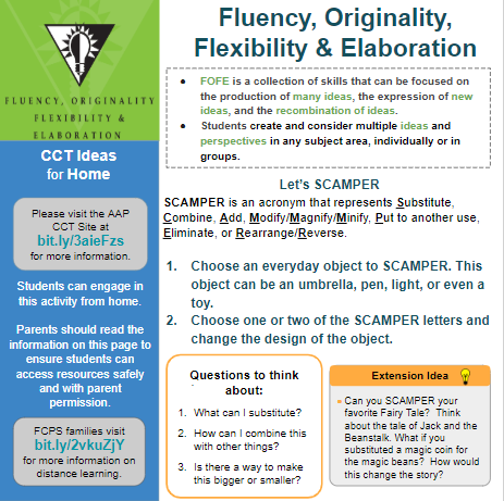 fcpsaap's tweet photo. Scamper is an acronym that represents Substitute, Combine, Add, Modify/Magnify/Minify, Put to another use, Eliminate, or Rearrange/Reverse. Choose an everyday object and using SCAMPER create a new invention.  Tag @fcpsaap a picture of your new design. #CCTatHome https://t.co/F5qRs80OWQ