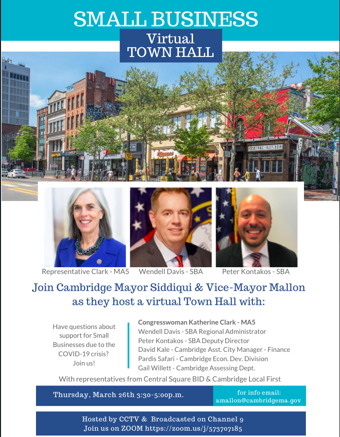 Ammallon's tweet photo. Join @MayorSiddiqui and me *TOMORROW* Thursday, March 25th at 3:30pm as we host a virtual town hall meeting with @RepKClark, @SBAgov representatives, city staff and @CentralSQBID &amp; @CambridgeLF. Zoom call info: https://t.co/JSUMp98JKS https://t.co/POiaS8KHub